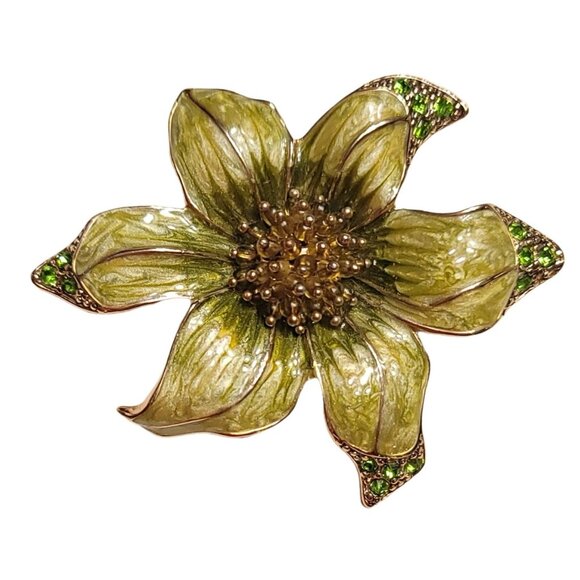 Liz Claiborne Gold Tone Green Enamel Rhinestone Lucite Seed Bead Flower Brooch - Picture 7 of 7